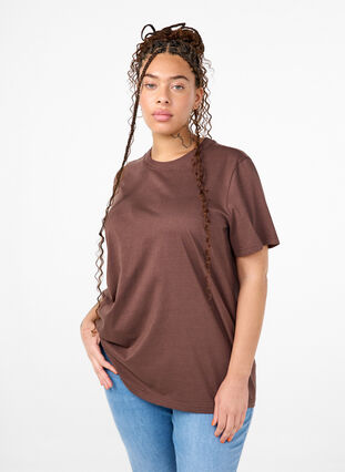 Zizzi Basic T-skjorte i bomull med rund hals, Brun, Model image number 0