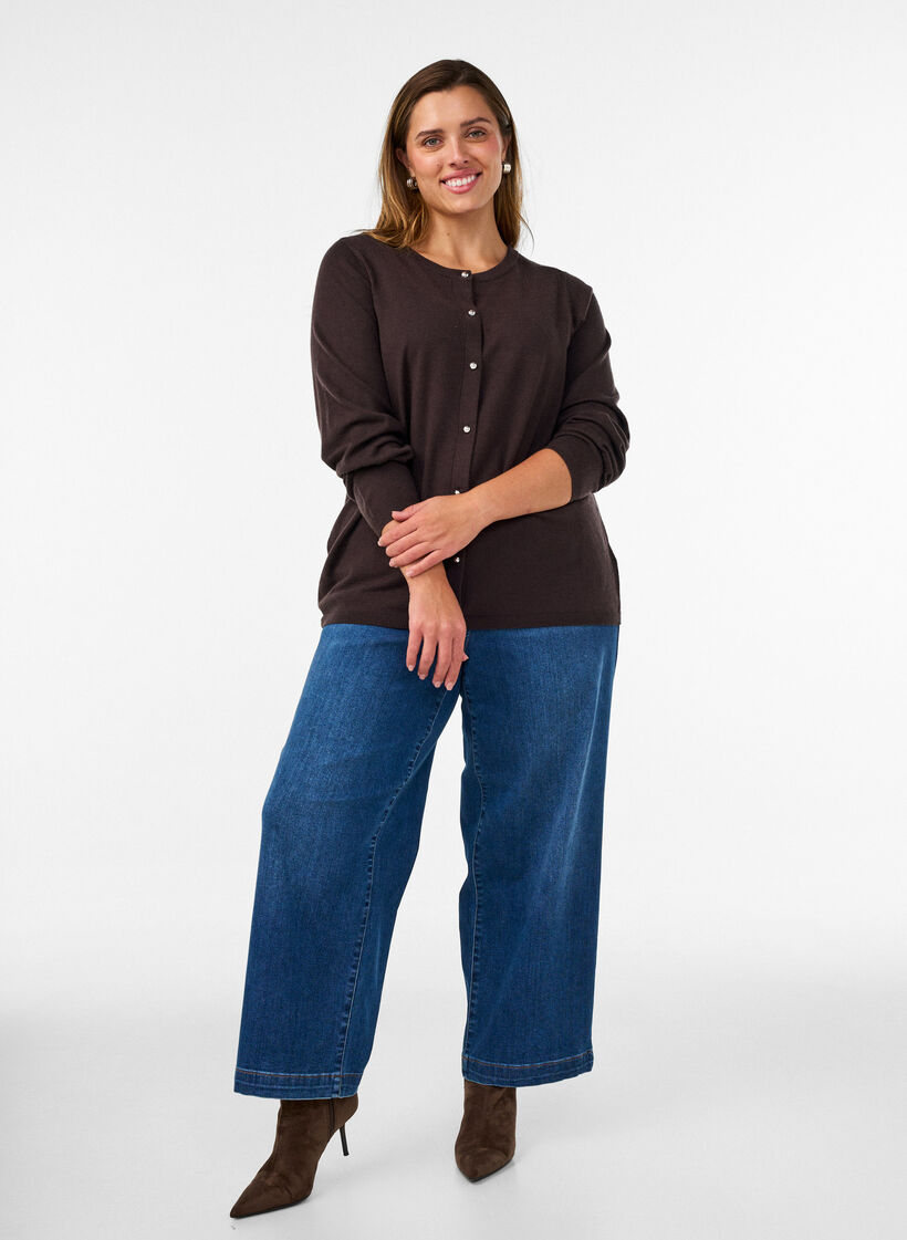 Cardigan med runde knapper, Brun, Model image number 1