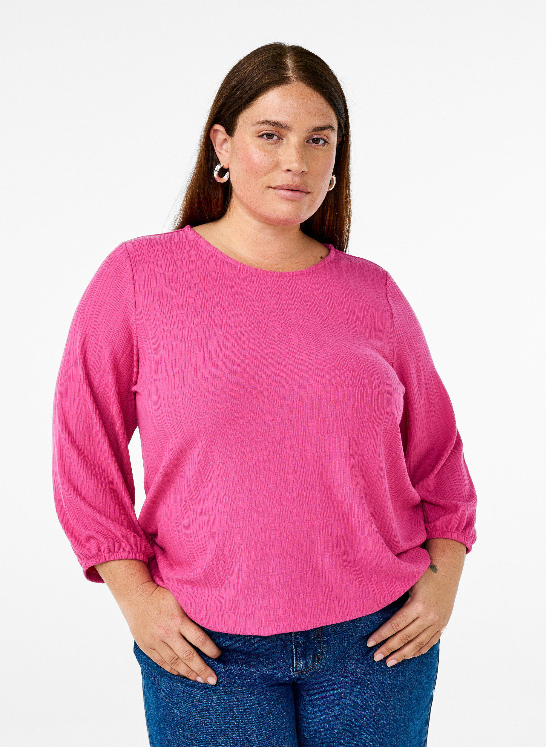 Zizzi Bluse med tekstur og 3/4 ermer, Rosa, Model image number 0