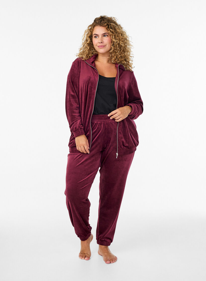 Velour-cardigan med glidelås og høy krage, Mørk Bordeaux, Model image number 1