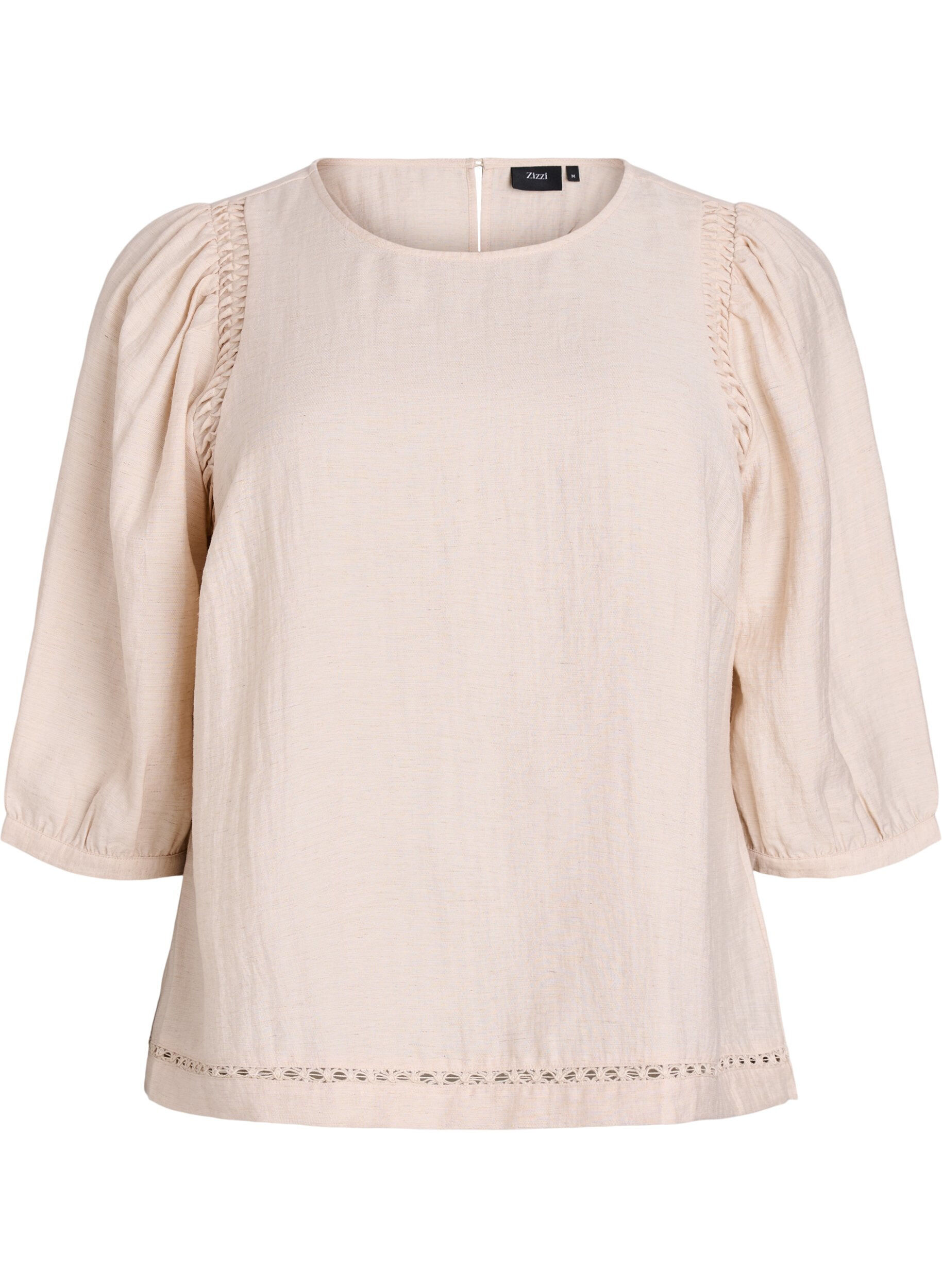 Viscoseblandingbluse med lin og rynkede skuldre