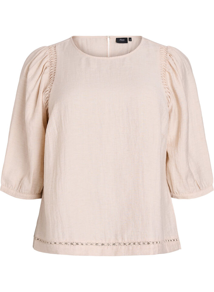 Viscoseblandingbluse med lin og rynkede skuldre, Orange, Packshot image number 0