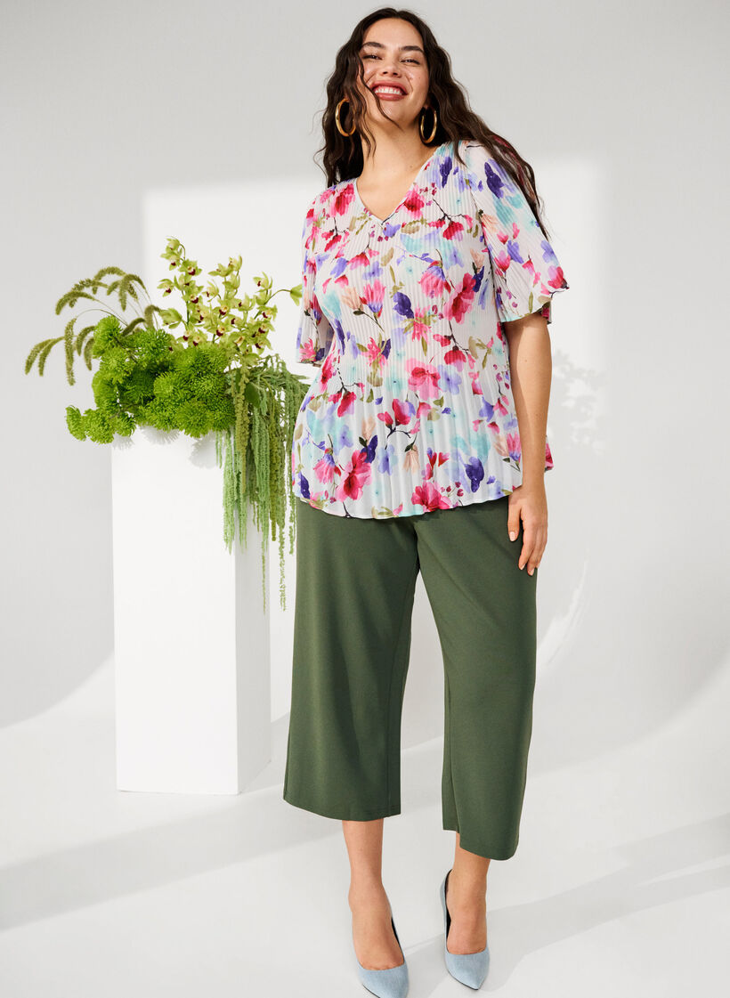 Plissert blomstrete bluse, White/MultiFlowerAOP, Image image number 0