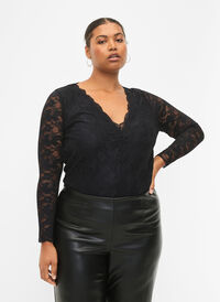 Bodystocking med lange ermer og blonder, Black, Model