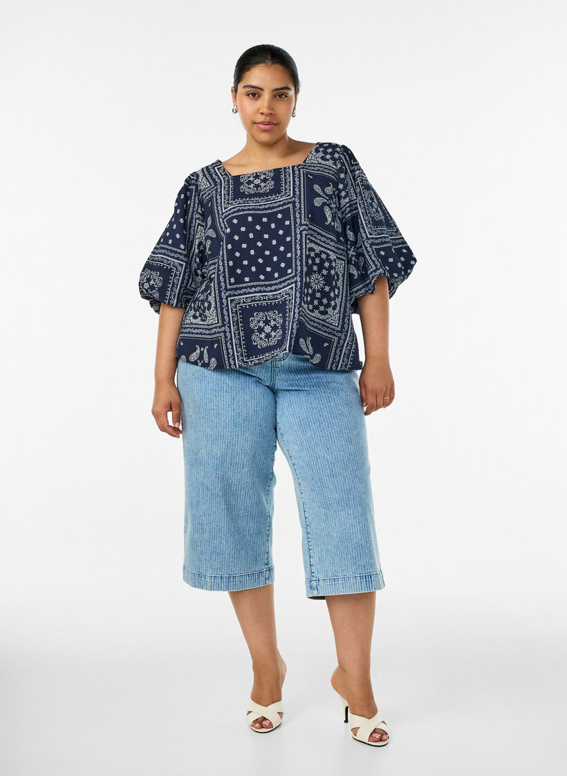 Viskosebluse med paisleym&oslash;nster og ballongermer, Bl&aring;, Model image number 1