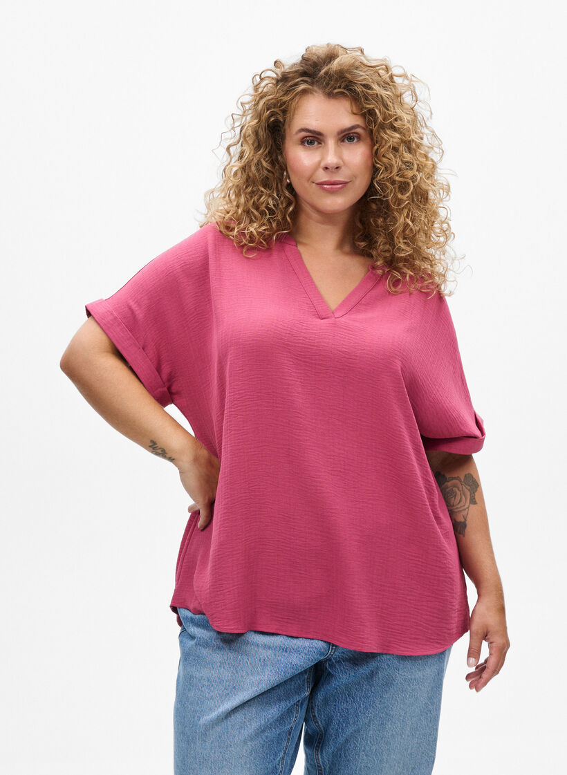 L&oslash;s bluse med korte ermer, R&oslash;d, Model image number 0