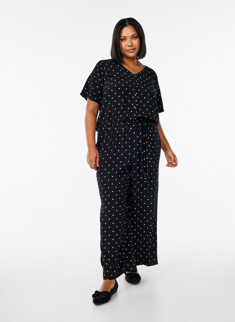 Prikket jumpsuit med korte ermer, Svart, Model image number 0