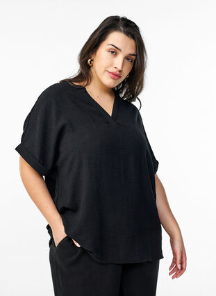 Zizzi Løs bluse med korte ermer, Svart, Model image number 0