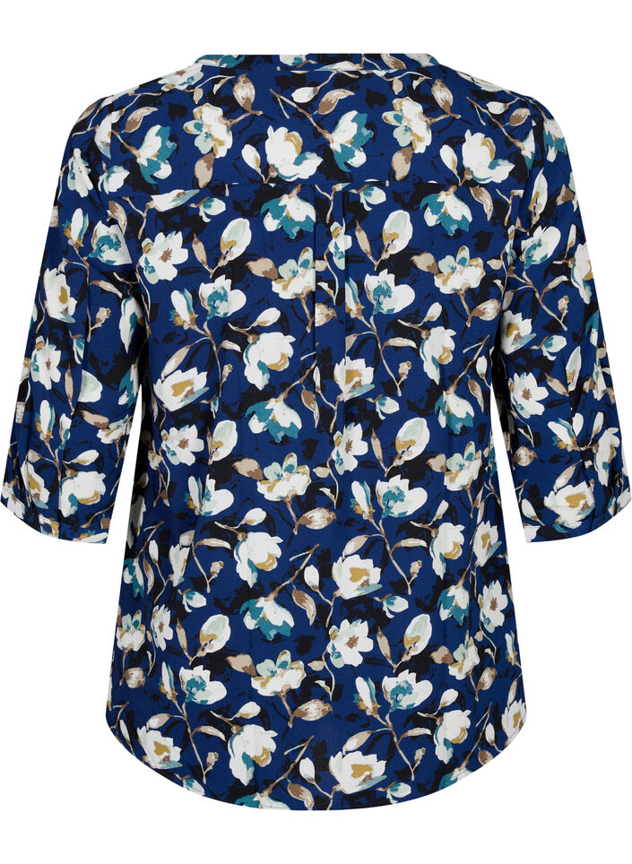 Blomstret bluse med 3/4-ermer, P. Blue Flower AOP, Packshot image number 1