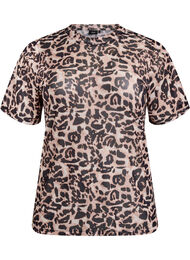 Bluse i mesh med korte ermer, Leopard AOP