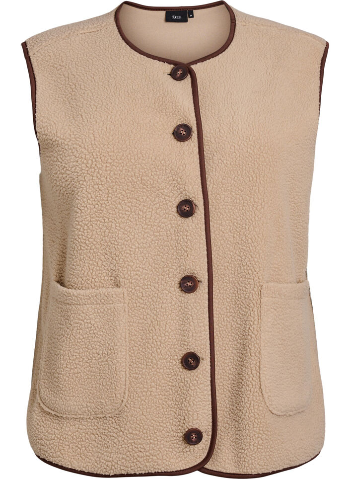 Teddy fleece vest med kontrastkanter, Beige, Packshot image number 0