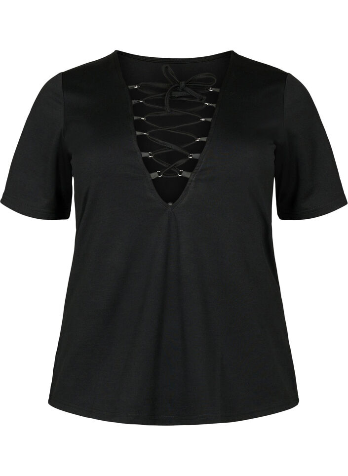 Vendbar bluse med snøredetaljer, Black, Packshot image number 0