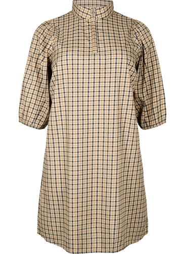 3/4 ermet rutete kjole med glidelås, Brown Check , Packshot image number 0