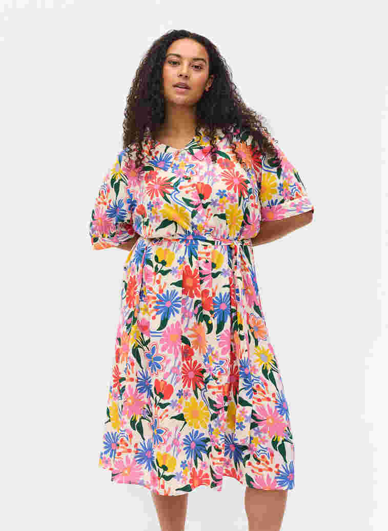 Mønstrete midikjole med korte ermer, Crystal G flower AOP, Model