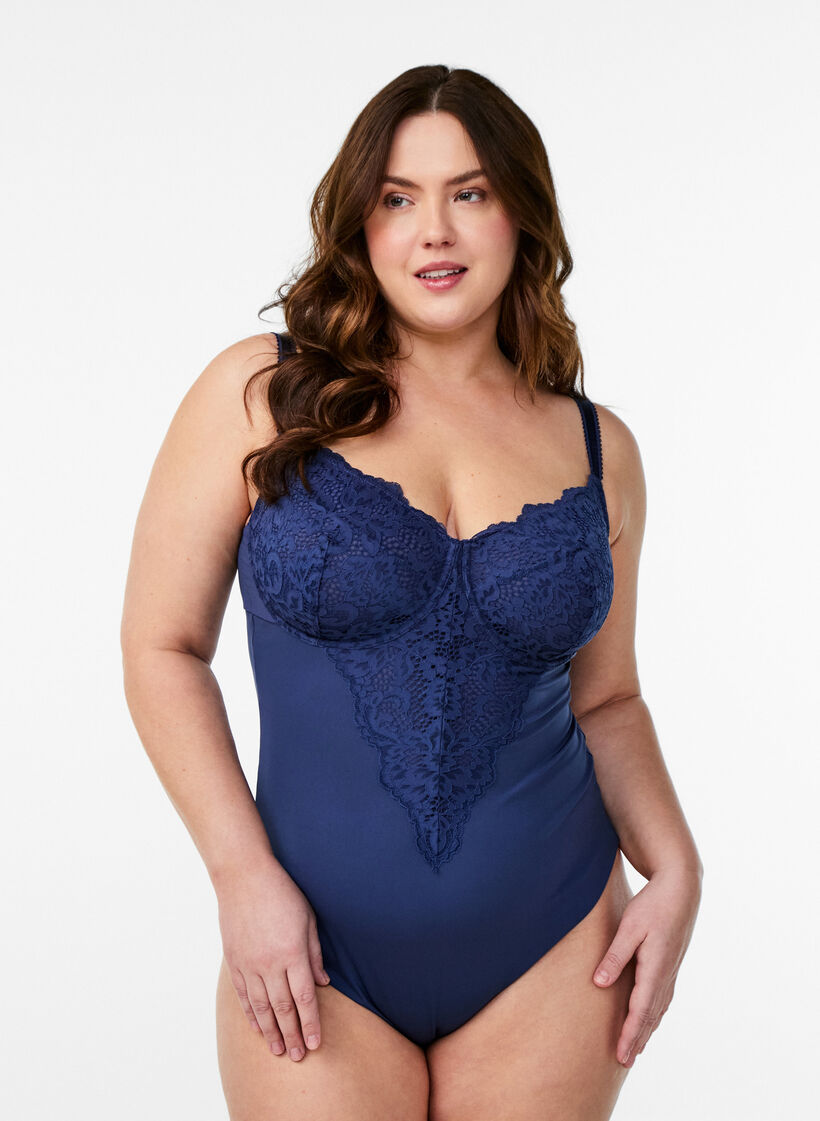 Body med bøyle og blonder, Blå, Model image number 0