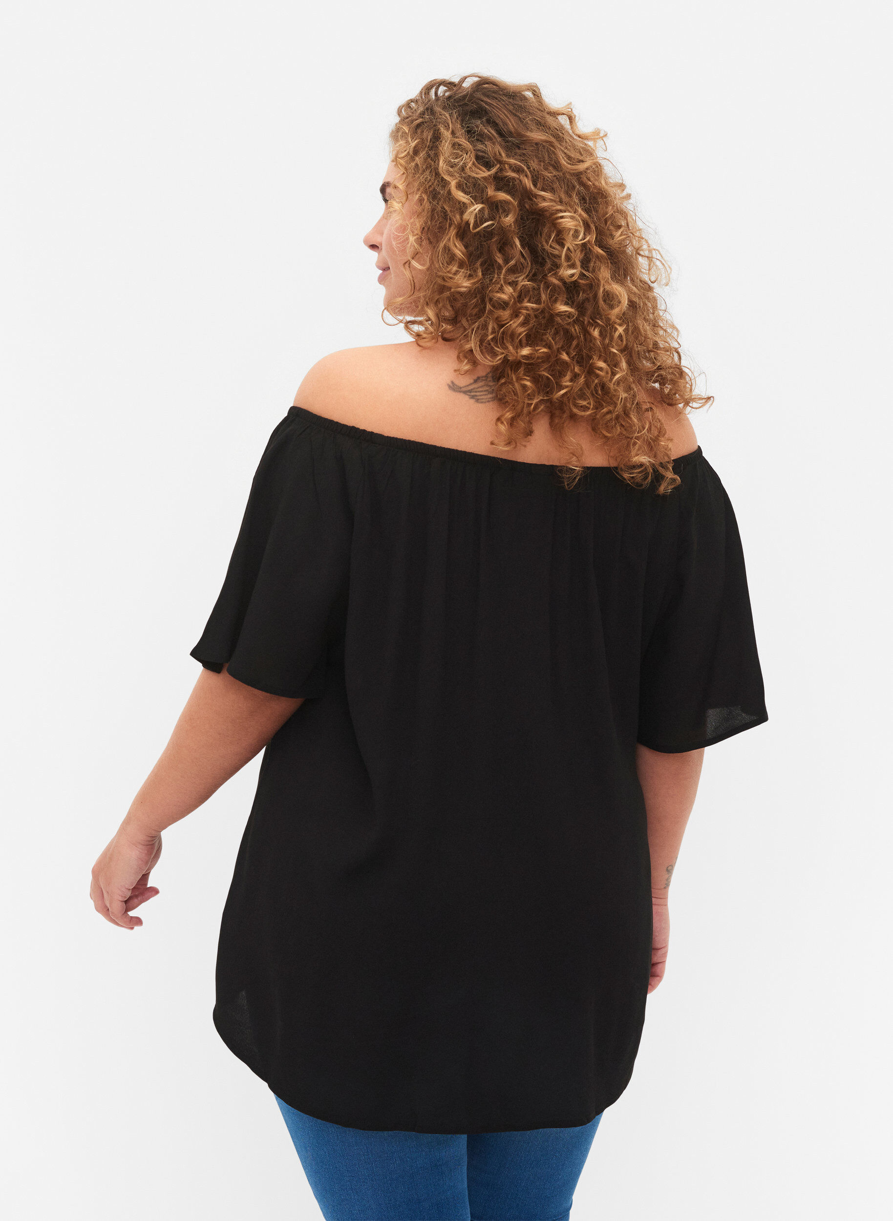 Zizzi Stripete viskosebluse med korte ermer, Black, Model image number 1