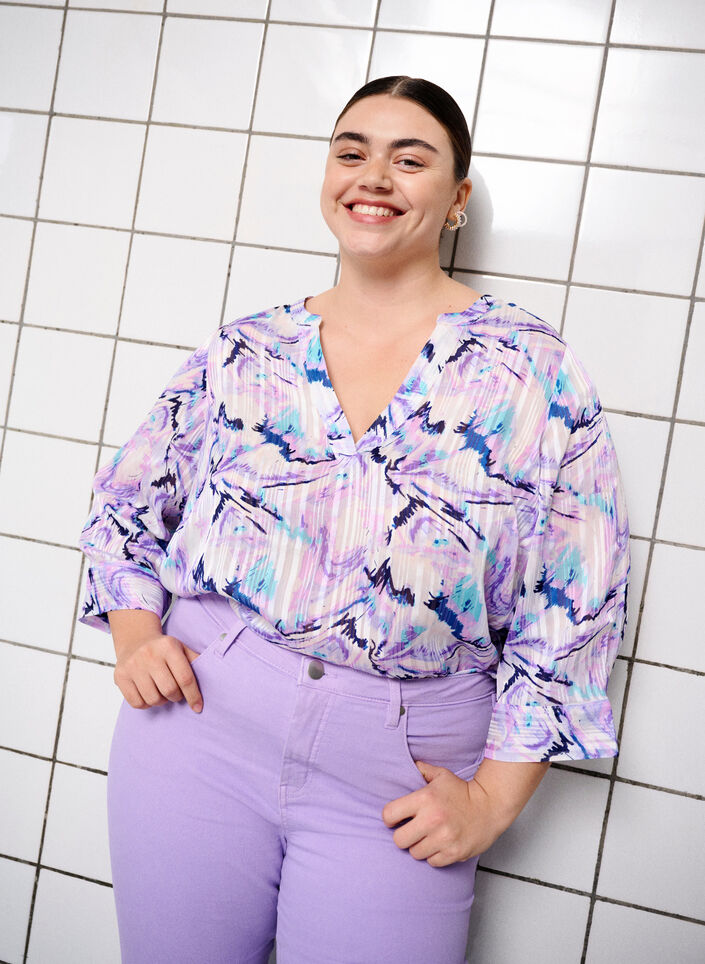 Bluse med mønster og 3/4-ermer, Blue Lilac AOP, Image