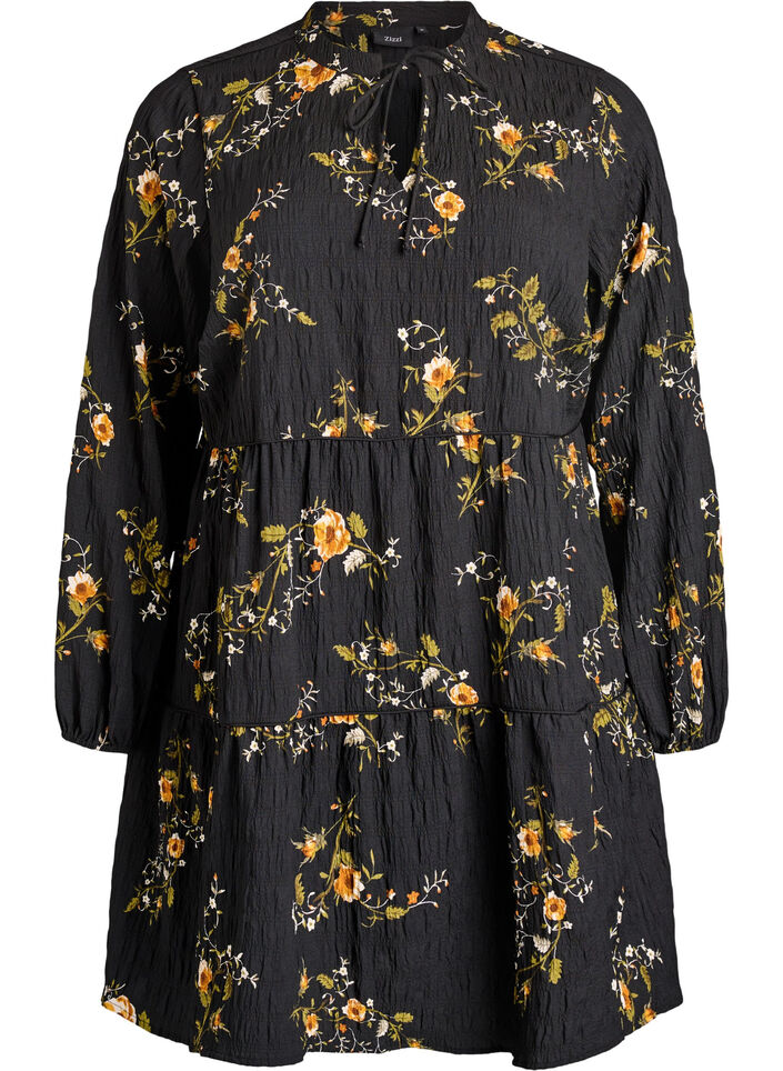 Blomsterm&oslash;nstret kjole med knytelukking, Svart, Packshot image number 0