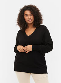 Strikkegenser i viskose med V-hals, Black, Model