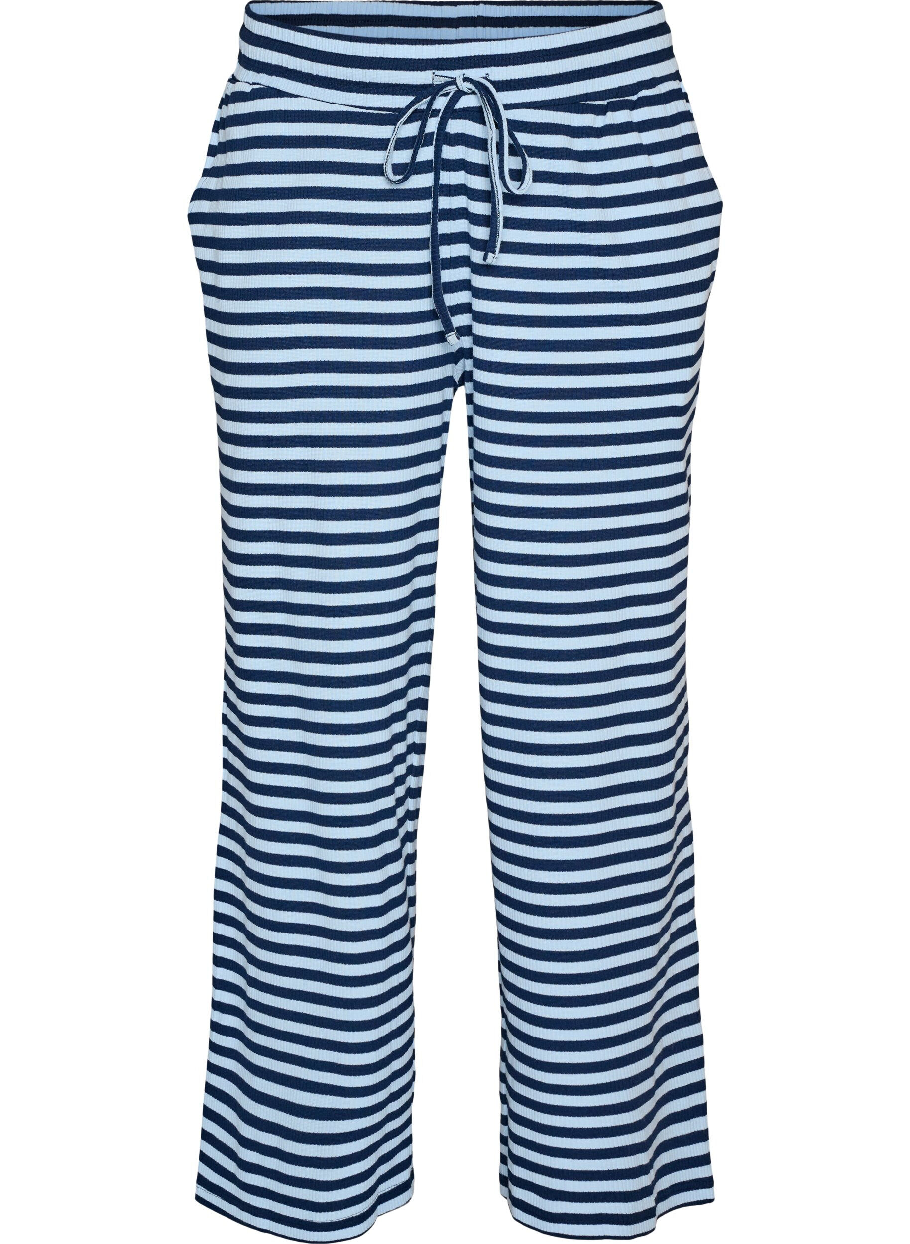 ZizziStripete pyjamasbukser med h&oslash;y midje og vide ben, Bl&aring;, Packshot image number 0
