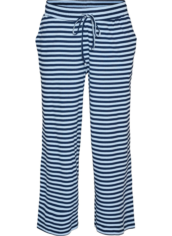 Stripete pyjamasbukser med h&oslash;y midje og vide ben, Bl&aring;, Packshot image number 0