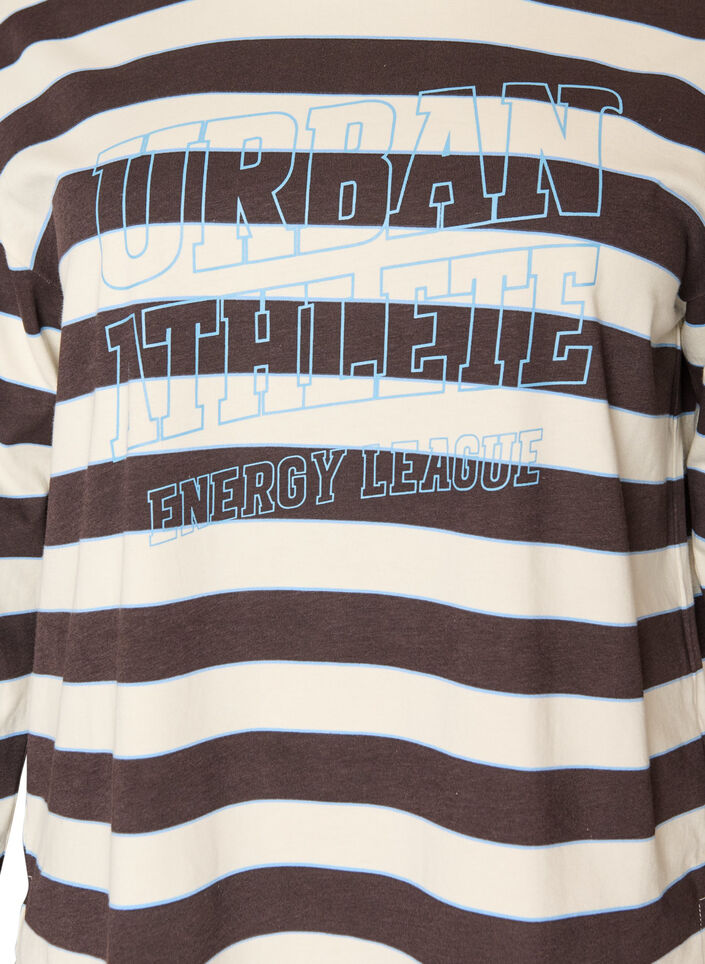 Stripete jerseybluse med sporty teksttrykk, Brun, Packshot image number 2
