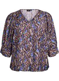 Bluse med V-hals og 3/4-ermer, Blå Bluse med V-hals og 3/4-ermer