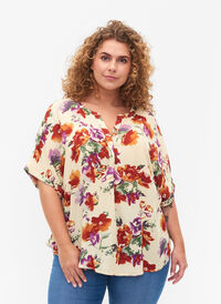 Blomstrete bluse i viskose med korte ermer, Buttercream Vintage, Model