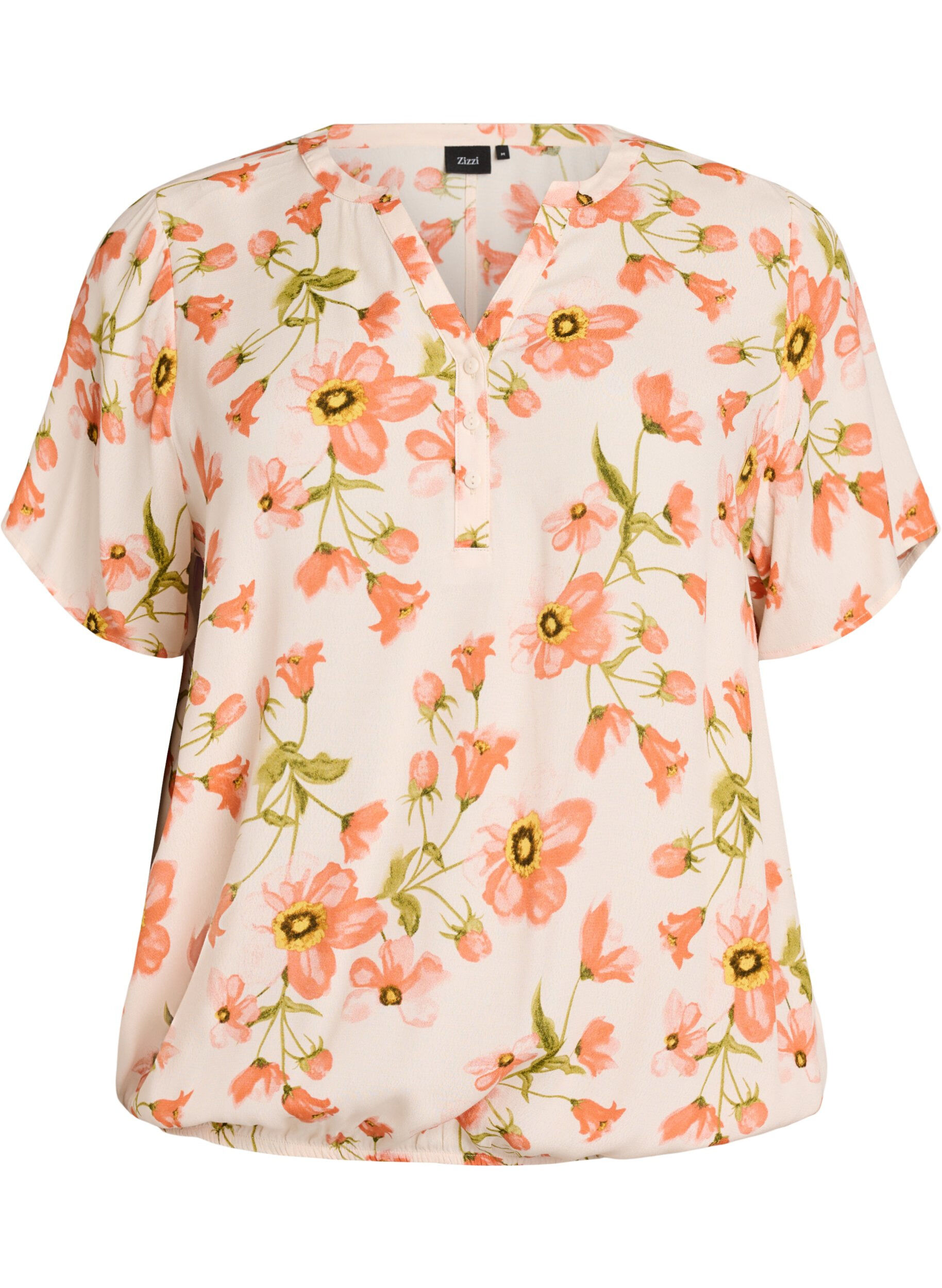 Viskosebluse med blomsterprint og korte ermer