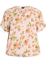 Viskosebluse med blomsterprint og korte ermer, 9991