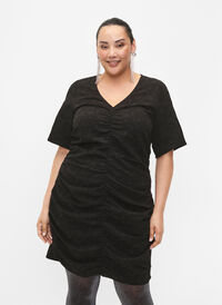 Kortermet kjole med strukturmønster og draperinger, Black, Model