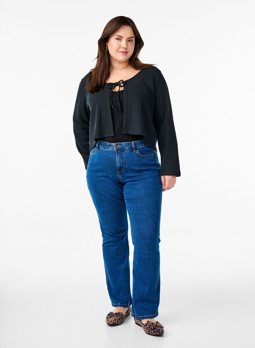 Jersey cardigan med tekstur og knyting foran, Svart, Model image number 1