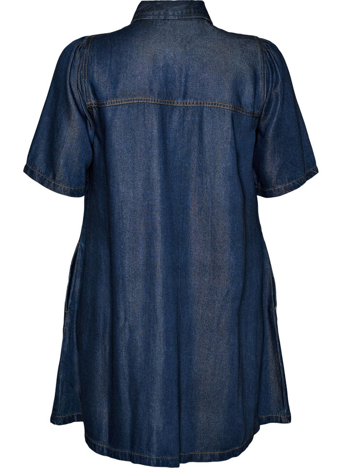 Denimkjole i lyocell med knapper og korte ermer, Bl&aring;, Packshot image number 1