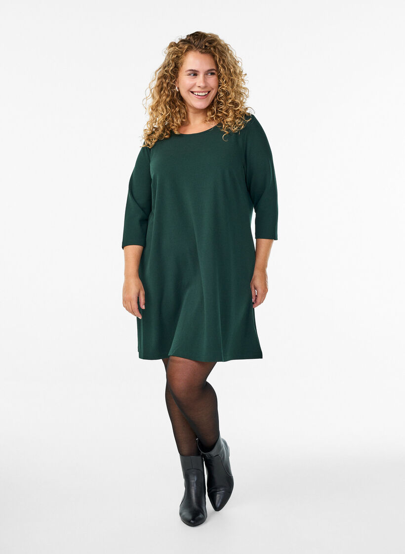 Kort A-linje kjole med 3/4 ermer, Gr&oslash;nn, Model image number 1