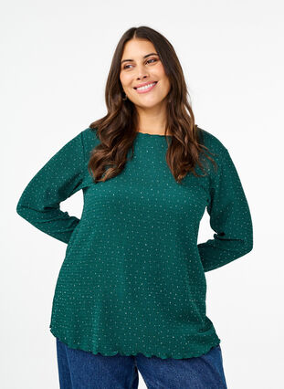 Zizzi Langermet bluse med rhinsteiner, Grønn, Model image number 0