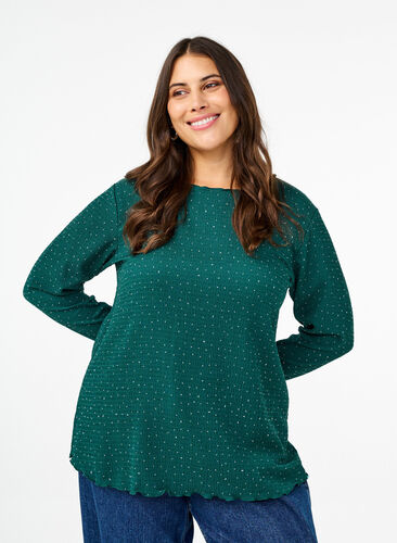 Zizzi Langermet bluse med rhinsteiner, Grønn, Model image number 0