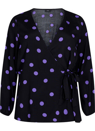 Prikkete omslagsbluse i viskose, Black w. Purple Dot, Packshot image number 0
