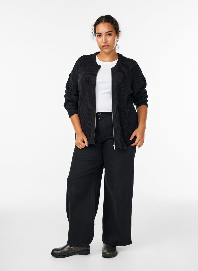Strikket cardigan med glidel&aring;s, Svart, Model image number 1