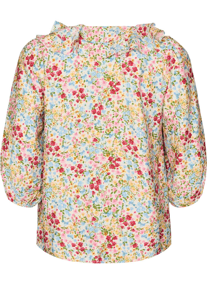 Viskose bluse med blomstertrykk og 3/4 ermer, Bl&aring;, Packshot image number 1