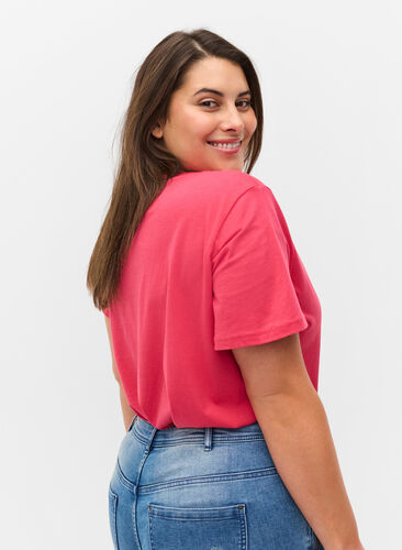 Kortermet T-skjorte i bomull med trykk, Raspberry TEXT, Model image number 1