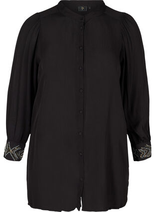 Lang viskoseskjorte med perler, Black, Packshot image number 0