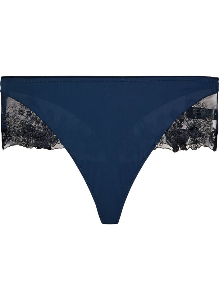 Hipsterstring med blomsterbroderi og vanlig midje, Bl&aring;, Packshot image number 0