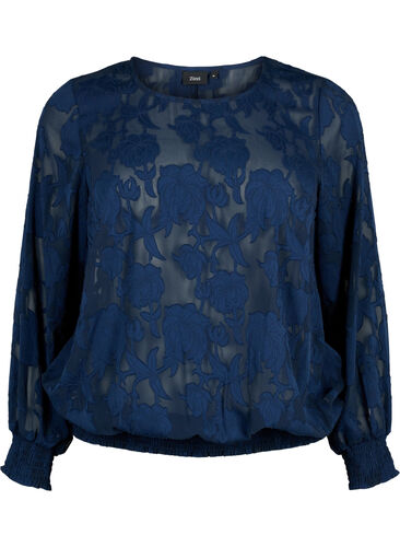Jacquardbluse med smocking, Navy Blazer, Packshot image number 0