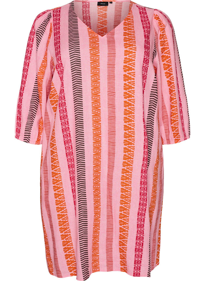 Kort kjole i lin og viskose med 3/4 ermer, Rosa, Packshot image number 0