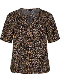 Short sleeve Viscose Bluse med utskrift, Brun Short sleeve Viscose Bluse med utskrift