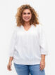 Viskosebluse med 3/4 ermer og smock, Bright White, Model image number 0