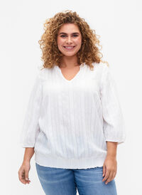 Viskosebluse med 3/4 ermer og smock, Bright White, Model