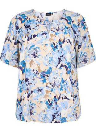 Short sleeve Viscose Bluse med utskrift, Blue Graphic AOP, Packshot image number 0