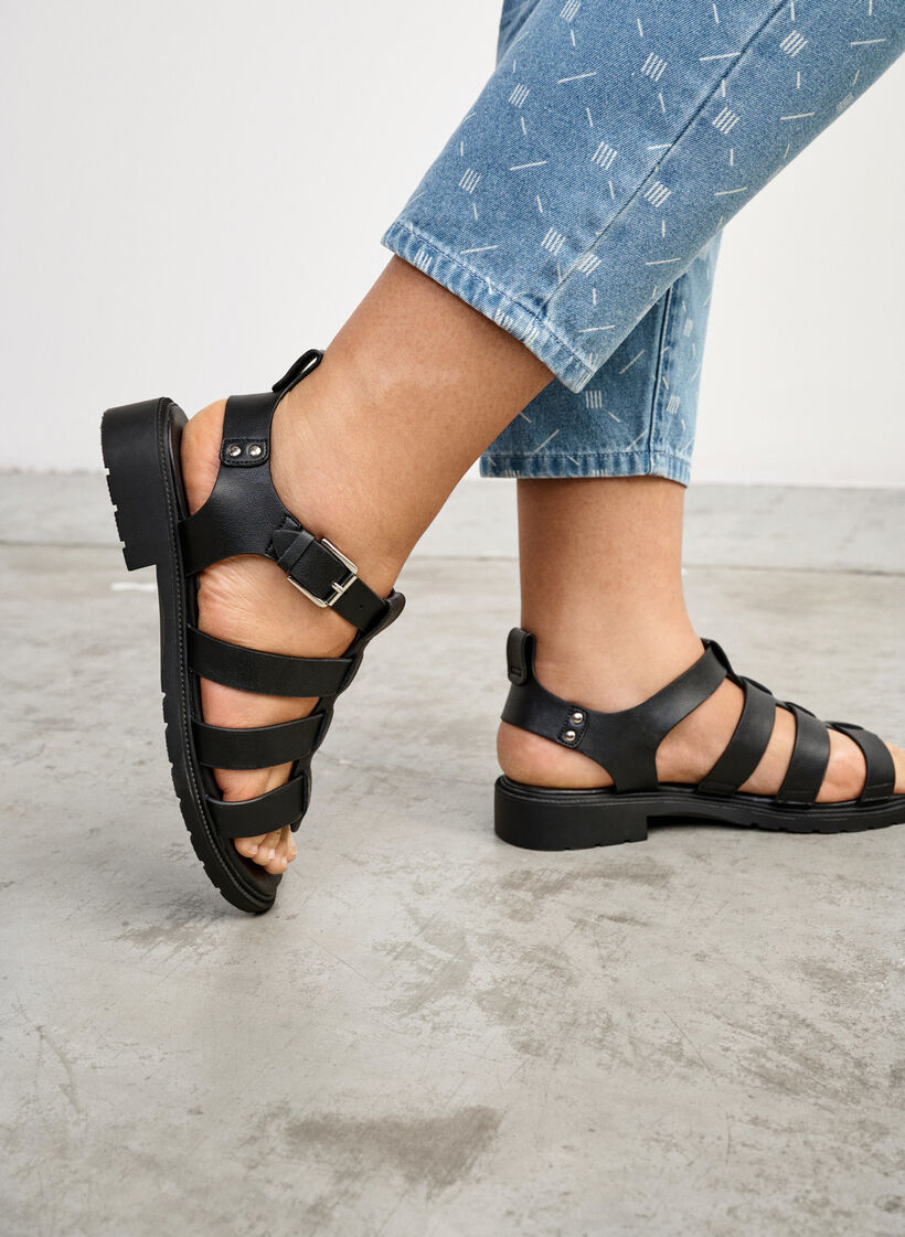 Sandaler i skinn og med wide fit, Svart, Image image number 1