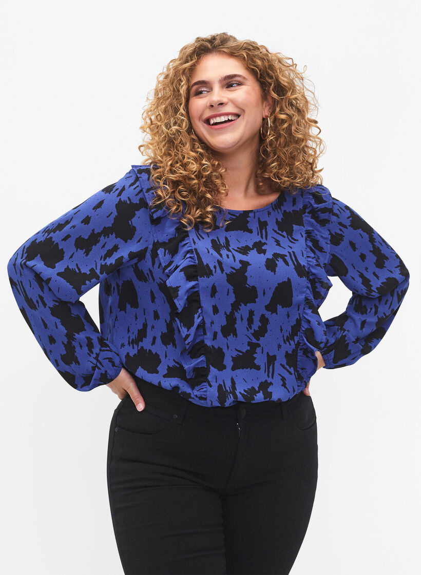 Bluse med lange ermer og volanger, Black Blue AOP, Model image number 0